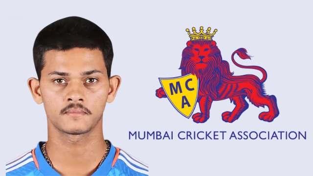 Yashasvi Jaiswal alongside the Mumbai Cricket Association (MCA) logo