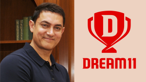 Bollywood actor Aamir Khan posing next to the Dream11 logo, representing his association as a brand ambassador for the fantasy sports platform in 2025.
