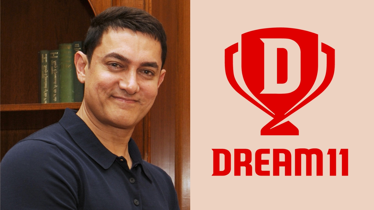 Bollywood actor Aamir Khan posing next to the Dream11 logo, representing his association as a brand ambassador for the fantasy sports platform in 2025.
