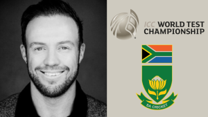 Portrait of AB de Villiers alongside the ICC World Test Championship logo and Cricket South Africa emblem, symbolizing his legacy in South African Test cricket.