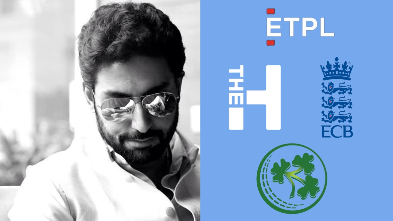 Abhishek Bachchan in black and white with logos of Cricket Ireland, The Hundred, ECB, and ETPL displayed on a blue background.