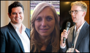 Photos of cricket administrators Adam Crosthwaite, Sophie Neal, and Ben Hardy-Jones, shown side by side in a professional setting.