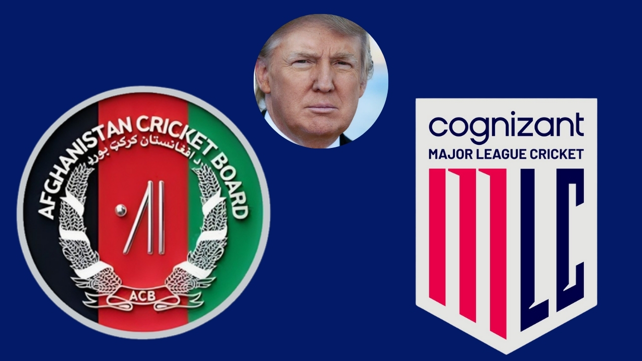 Logos of the Afghanistan Cricket Board and Major League Cricket (MLC) alongside a headshot of Donald Trump, symbolizing recent strategic developments in international cricket collaborations.