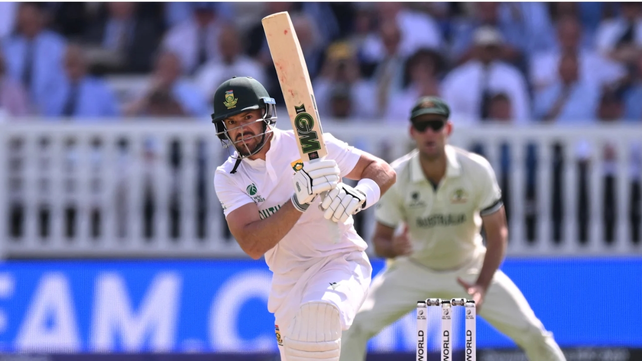 Aiden Markram in action playing a shot during the ICC World Test Championship 2025 Final between South Africa and Australia.