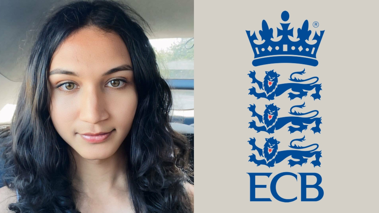 Anaya Bangar, a young cricket advocate, alongside the England and Wales Cricket Board (ECB) logo, symbolizing her involvement in the cricket community.
