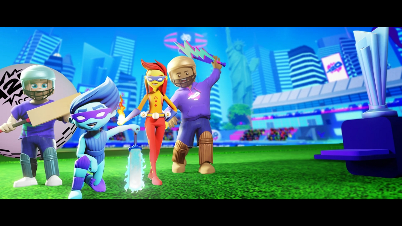 Animated cricket superhero characters with bats and powers running on a stadium field toward a glowing trophy, set against a futuristic cityscape background.