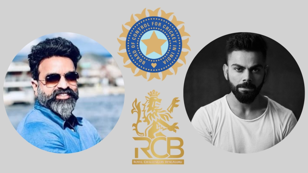 Arun Dhumal and Virat Kohli with the logos of BCCI and Royal Challengers Bangalore (RCB) displayed in the center, representing Indian cricket and IPL association.