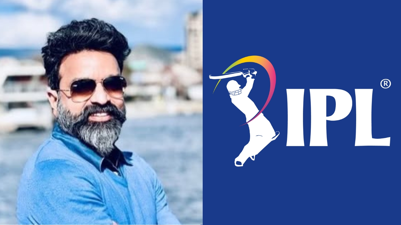 IPL Chairman Arun Singh Dhumal pictured beside the official Indian Premier League (IPL) logo.