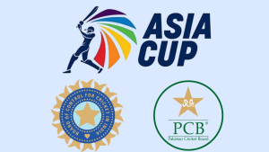 Logos of the Asia Cup, Board of Control for Cricket in India (BCCI), and Pakistan Cricket Board (PCB), symbolizing a major cricket tournament and India-Pakistan rivalry.
