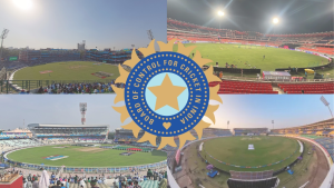 BCCI logo with images of Indian cricket stadiums including New PCA Stadium, Arun Jaitley Stadium, Eden Gardens, and Saurashtra Cricket Association Stadium.