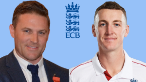 Photos of Brendon McCullum and Harry Brook with the ECB (England and Wales Cricket Board) logo centered on a sky blue background, representing England cricket coaching and players.