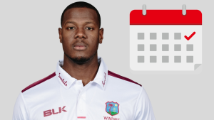 West Indies cricketer Carlos Brathwaite in team uniform beside a calendar icon with a red check mark, symbolizing a cricket schedule or fixture update.