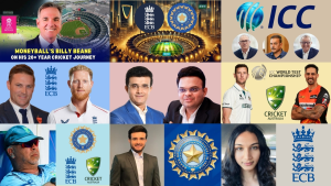 Collage featuring ICC, ECB, BCCI logos along with cricket officials, administrators, and players including Ben Stokes, Billy Beane, and others, highlighting key figures and organizations in international cricket.