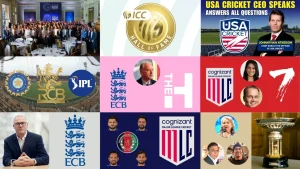 Collage of cricket-related featured images showing logos and people from ICC, IPL, ECB, USA Cricket, Major League Cricket, and various executives and trophies.