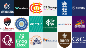 Collage of global cricket sponsor and partner logos including ECB, MCC, San Francisco Unicorns, Saurashtra T20 League, and various corporate brands supporting cricket in 2025.