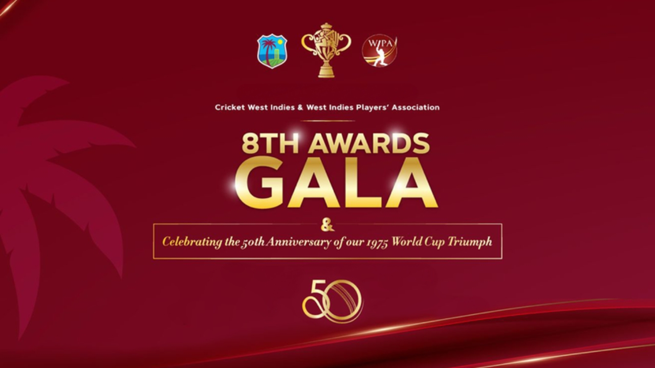 Promotional banner for the 8th Awards Gala hosted by Cricket West Indies and the West Indies Players' Association, celebrating the 50th anniversary of the 1975 World Cup triumph.