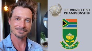 South African cricketer Dale Steyn next to the ICC World Test Championship logo and the Cricket South Africa emblem on a split background.