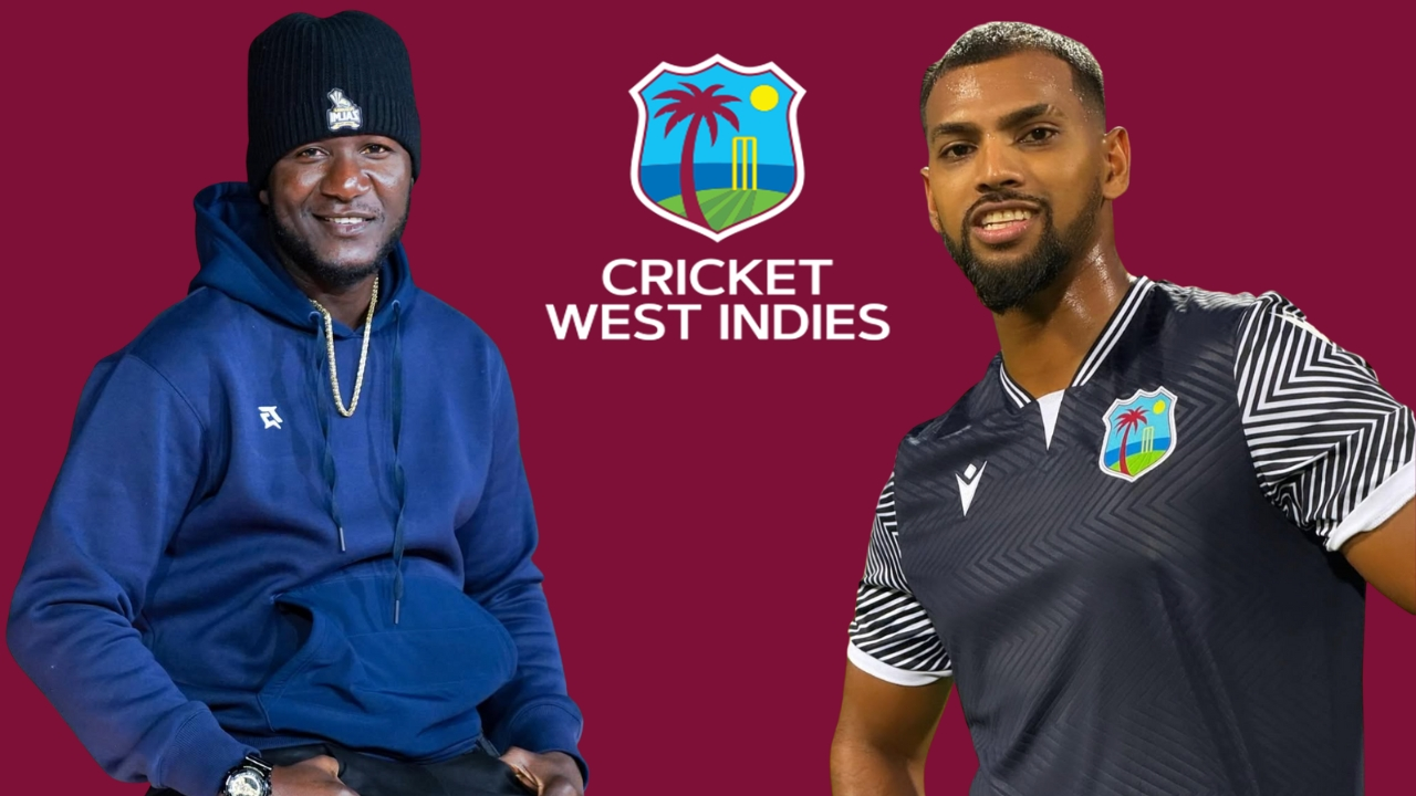 Images of Daren Sammy and Nicholas Pooran with the Cricket West Indies (CWI) logo centered on a maroon background, representing West Indies cricket leadership and players.