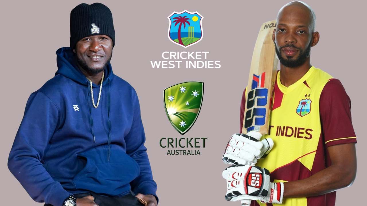 Darren Sammy in casual wear and Roston Chase in West Indies cricket uniform holding a bat, with Cricket West Indies and Cricket Australia logos in the background.