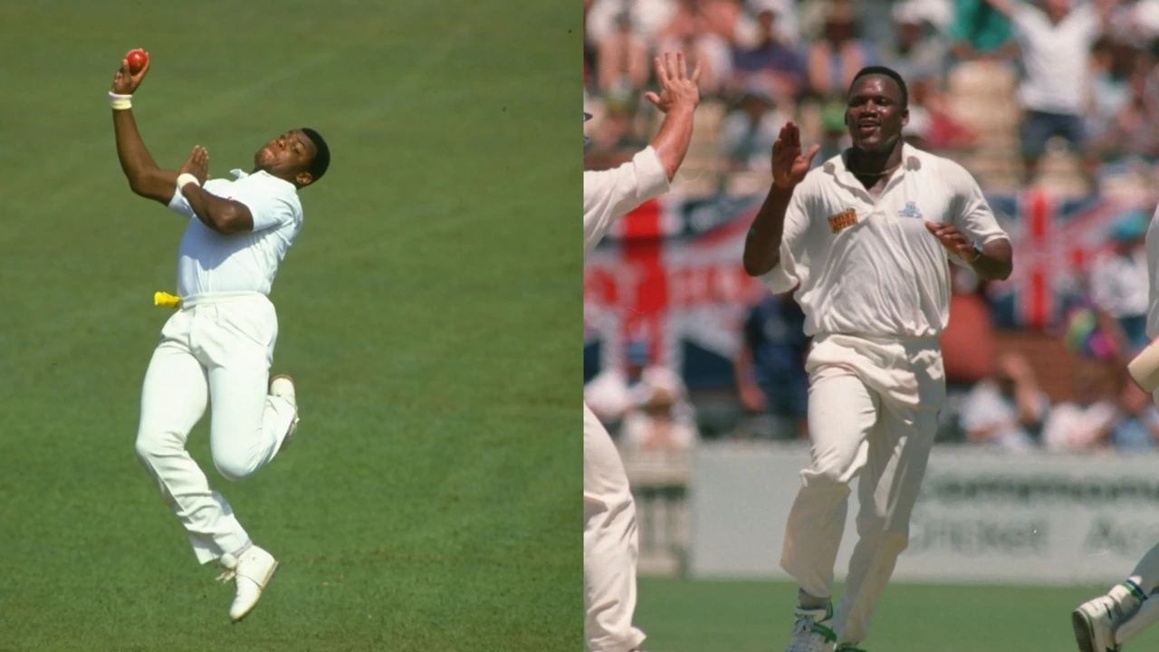 Action shots of former England fast bowlers Devon Malcolm and David 'Syd' Lawrence during their international cricket careers.
