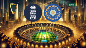 A grand cricket stadium with the logos of the England and Wales Cricket Board (ECB) and the Board of Control for Cricket in India (BCCI), symbolizing a high-profile international match.