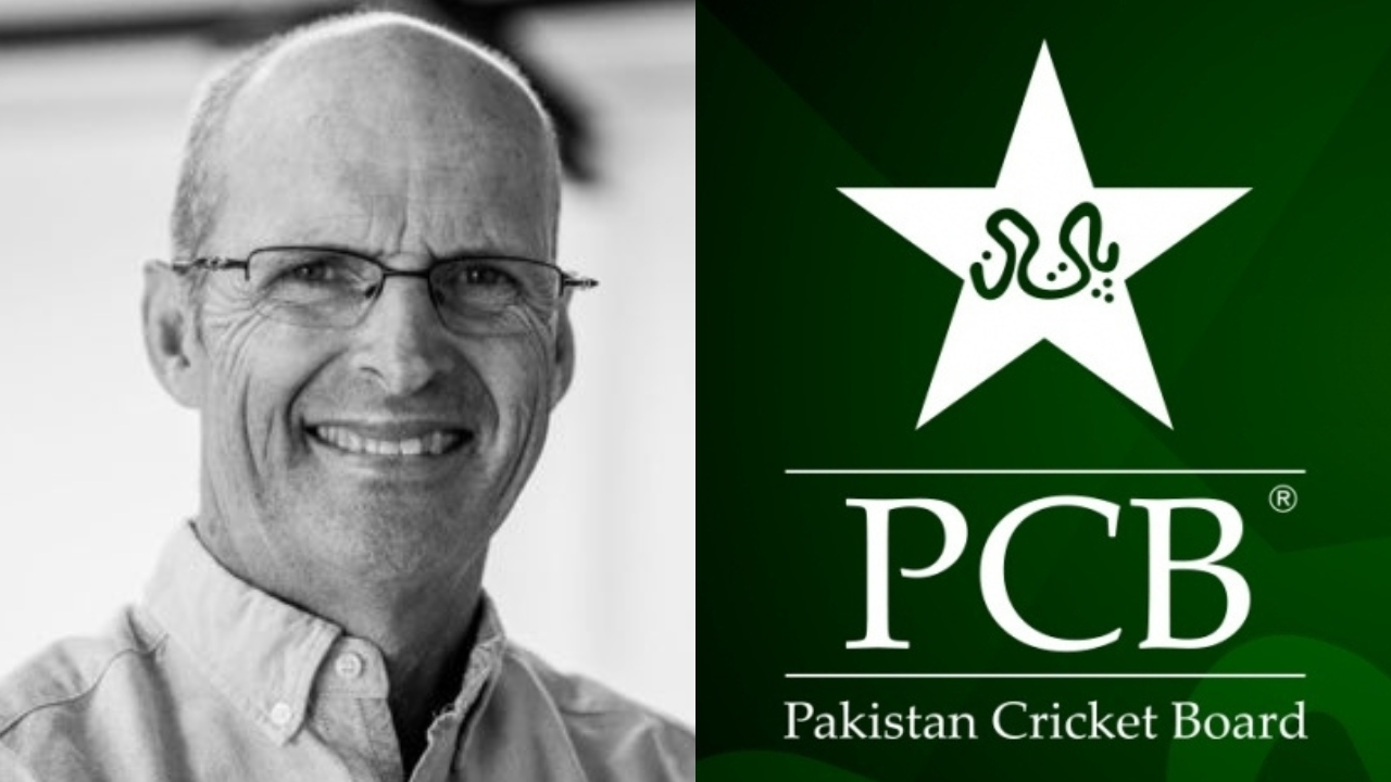 Portrait of Gary Kirsten beside the Pakistan Cricket Board (PCB) logo on a green background, indicating his association with the national cricket team.
