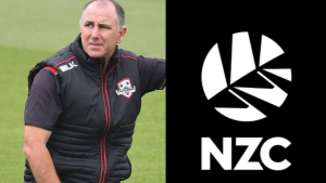 New Zealand cricket coach Gary Stead beside the NZC (New Zealand Cricket) logo