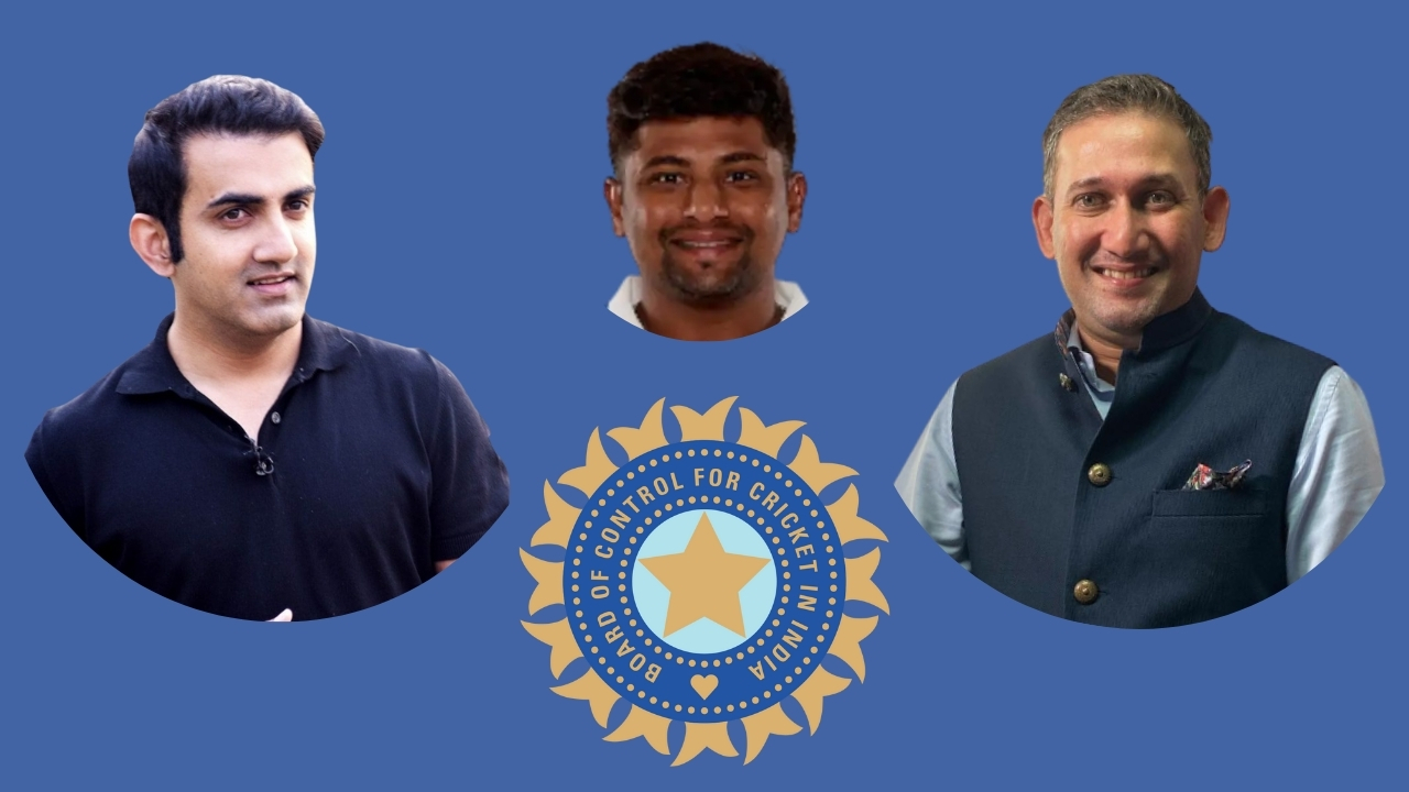 Portraits of Gautam Gambhir, Sarfaraz Khan, and Ajit Agarkar surrounding the Board of Control for Cricket in India (BCCI) logo on a blue background.