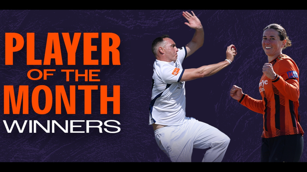 Georgia Elwiss and Kyle Abbott named Player of the Month winners, featured with action shots on a cricket-themed graphic background.