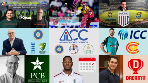 Collage featuring cricket leaders, league logos, governing bodies, and brands including MLC, ICC, PCB, Asian Cricket Council, Dream11, and influential figures in the sport's global ecosystem.