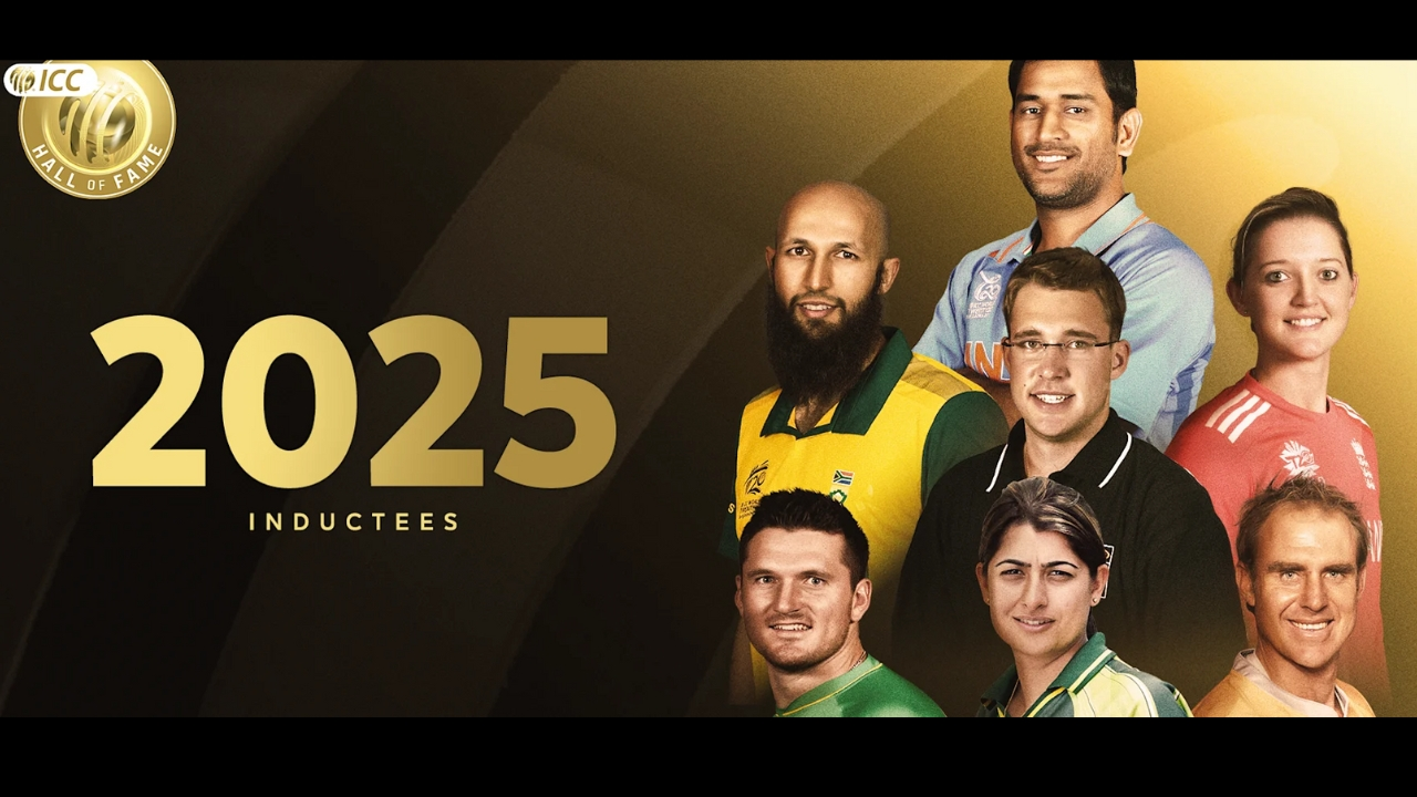 ICC Hall of Fame 2025 inductees including Hashim Amla, MS Dhoni, Matthew Hayden, Graeme Smith, Daniel Vettori, Sana Mir, and Sarah Taylor with official Hall of Fame logo.