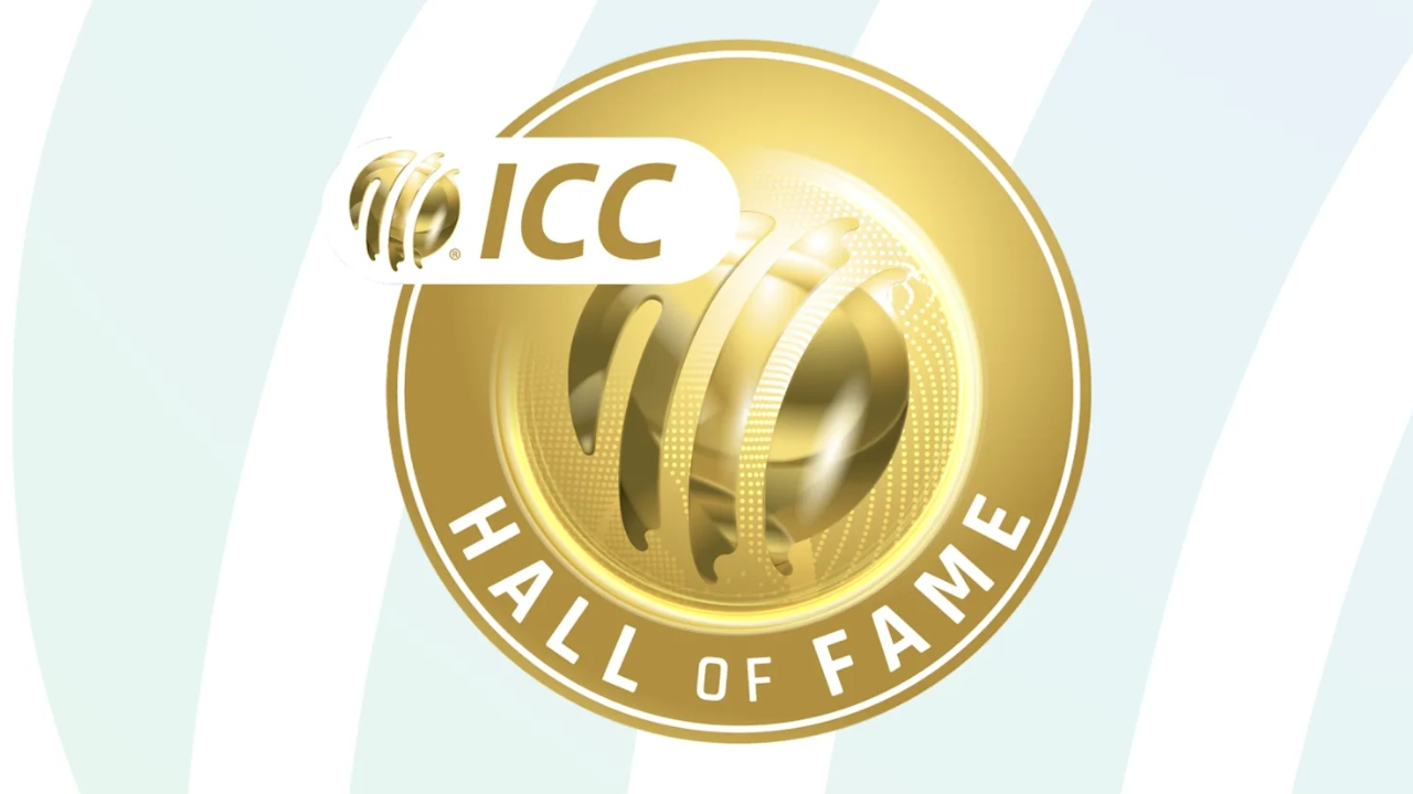 Golden ICC Hall of Fame logo featuring the International Cricket Council emblem on a light background.