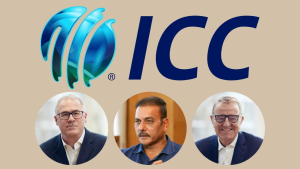ICC logo with images of Ravi Shastri, Richard Gould, and Richard Thompson displayed below on a beige background