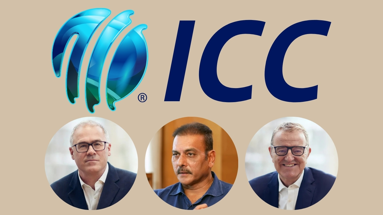 ICC logo with images of Ravi Shastri, Richard Gould, and Richard Thompson displayed below on a beige background