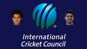 ICC logo with Indian cricketers Shivam Dube and Harshit Rana on a dark blue background