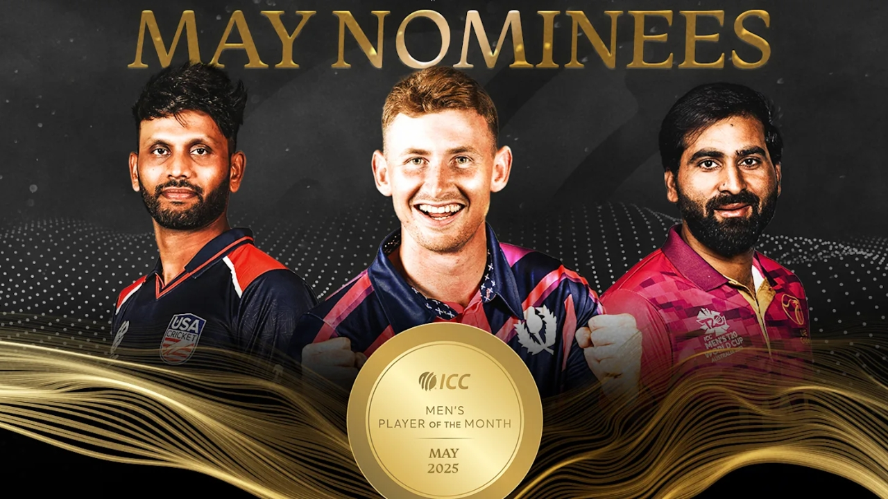 Three ICC Men's Player of the Month nominees for May 2025 from different international cricket teams posing with the award graphic.