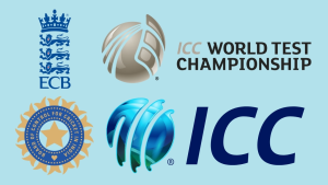 Logos of the International Cricket Council (ICC), ICC World Test Championship (WTC), England and Wales Cricket Board (ECB), and Board of Control for Cricket in India (BCCI) on a light blue background.