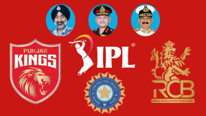 Indian military chiefs featured with Punjab Kings, Royal Challengers Bangalore, IPL, and BCCI logos on a red background