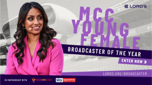 Isa Guha promoting the MCC Young Female Broadcaster of the Year competition, with Take Her Lead, MCC, and Sky Sports logos in partnership at Lord's Cricket Ground.