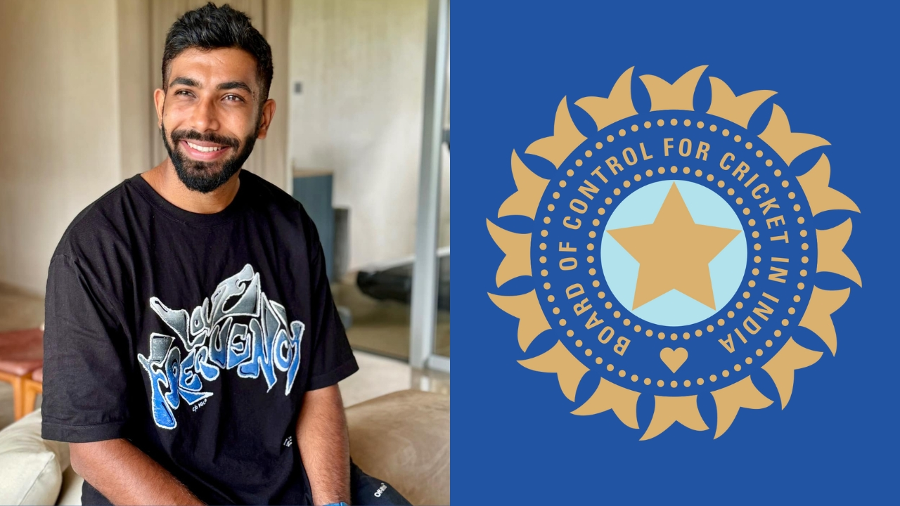 Jasprit Bumrah smiling while seated indoors, pictured alongside the BCCI (Board of Control for Cricket in India) logo on a split background.