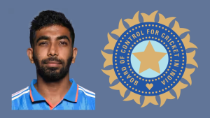 Portrait of Indian fast bowler Jasprit Bumrah next to the BCCI (Board of Control for Cricket in India) logo, representing Indian cricket.