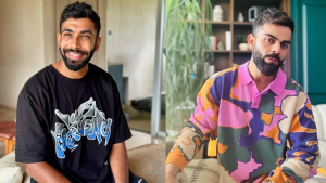 Indian cricketers Jasprit Bumrah and Virat Kohli posing in casual outfits at home, showcasing their off-field style in 2025.