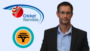 Johan Muller with Cricket Namibia and FNB logos, representing cricket administration and sponsorship in Namibia