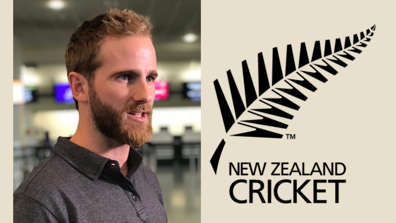 Kane Williamson speaking with the New Zealand Cricket logo displayed beside him.