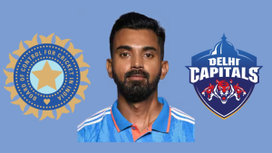KL Rahul in an Indian cricket jersey with BCCI and Delhi Capitals logos on either side