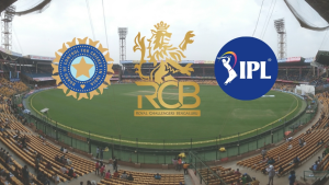 View of M. Chinnaswamy Stadium with Royal Challengers Bangalore (RCB), BCCI, and IPL logos superimposed over the cricket field.