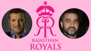 Manoj Badale and Raj Kundra, co-owners of Rajasthan Royals, posing together with the team logo. The image highlights their leadership in IPL's Rajasthan Royals franchise.