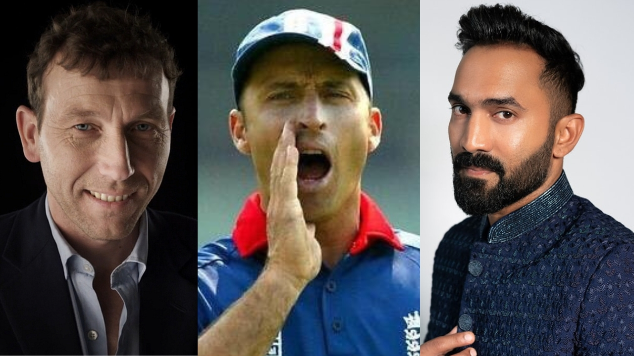 Portraits of cricket legends Michael Atherton, Nasser Hussain, and Dinesh Karthik