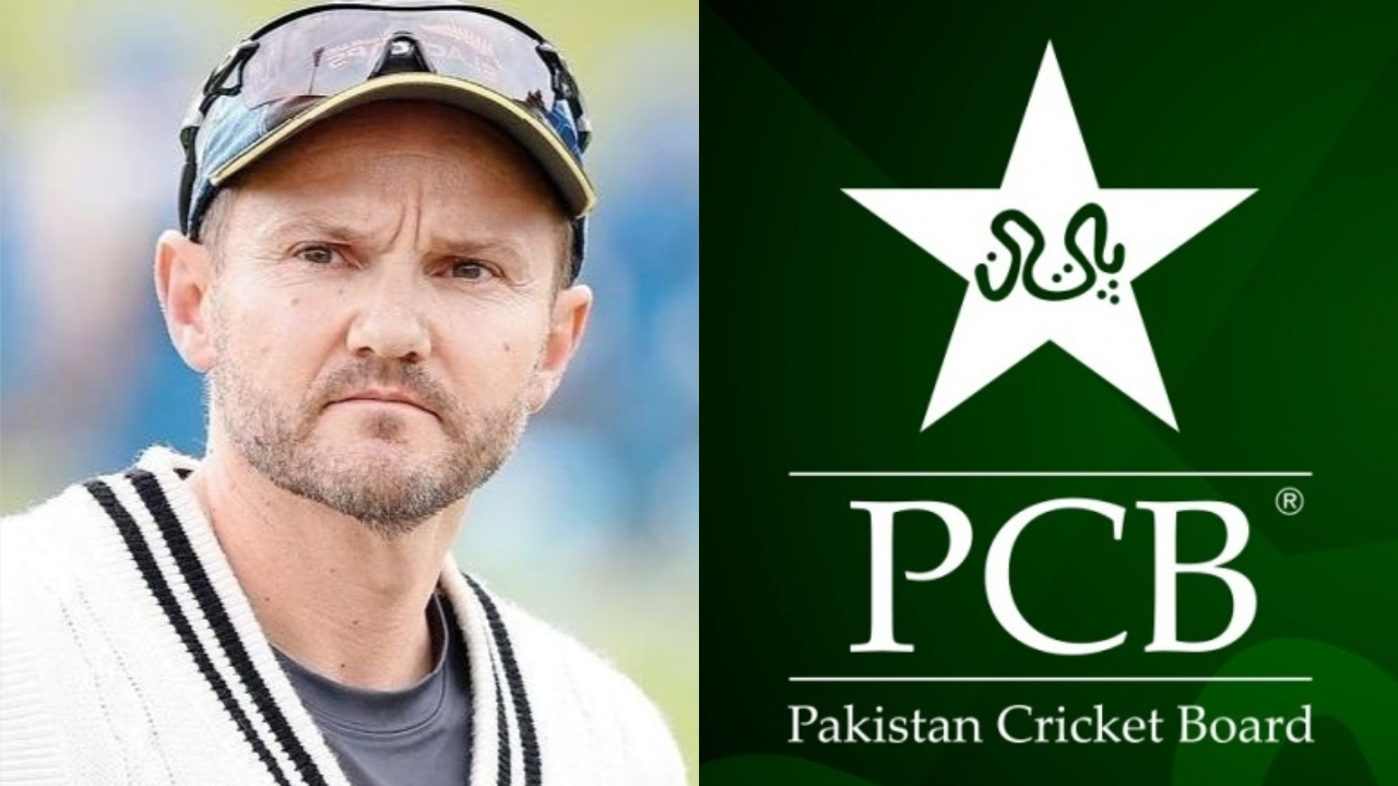 Mike Hesson next to the Pakistan Cricket Board (PCB) logo, indicating potential coaching or cricket-related news