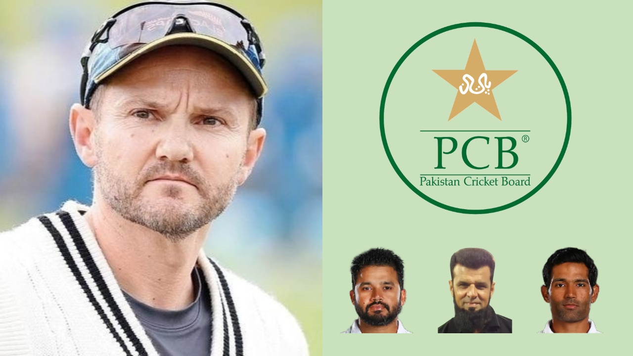 Mike Hesson alongside the Pakistan Cricket Board (PCB) logo, with images of Aleem Dar, Azhar Ali, and Asad Shafeeq featured below on a light green background.